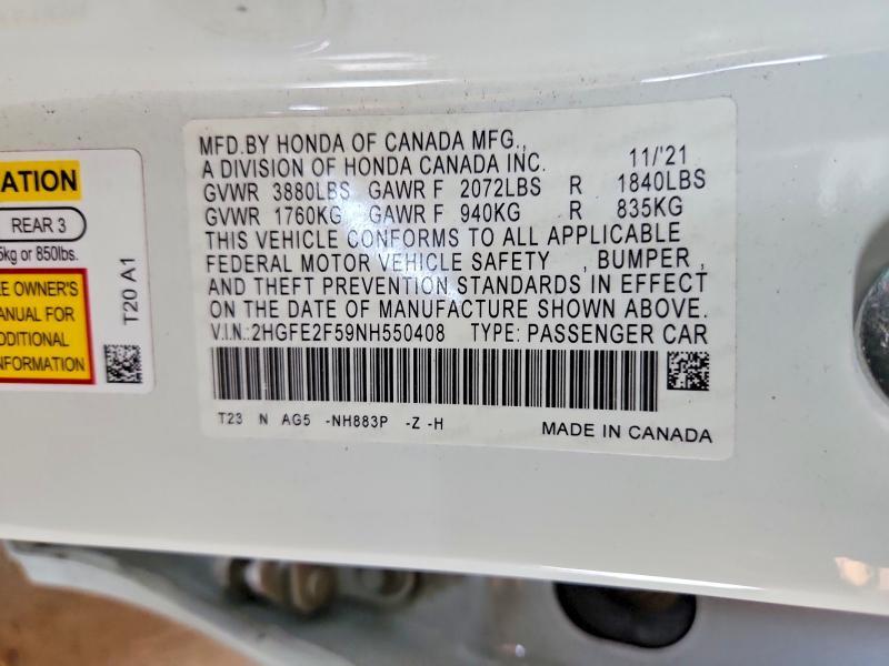 2HGFE2F59NH550408 2022 HONDA CIVIC photo no. 12