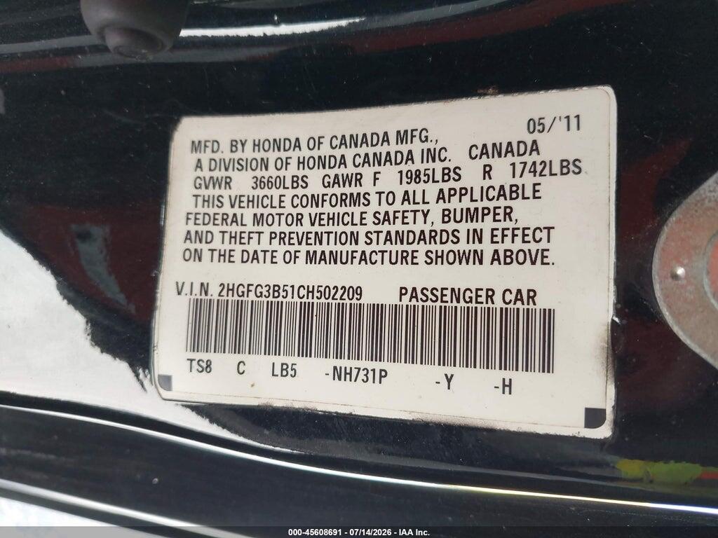 2HGFG3B51CH502209 2012 HONDA CIVIC photo no. 9