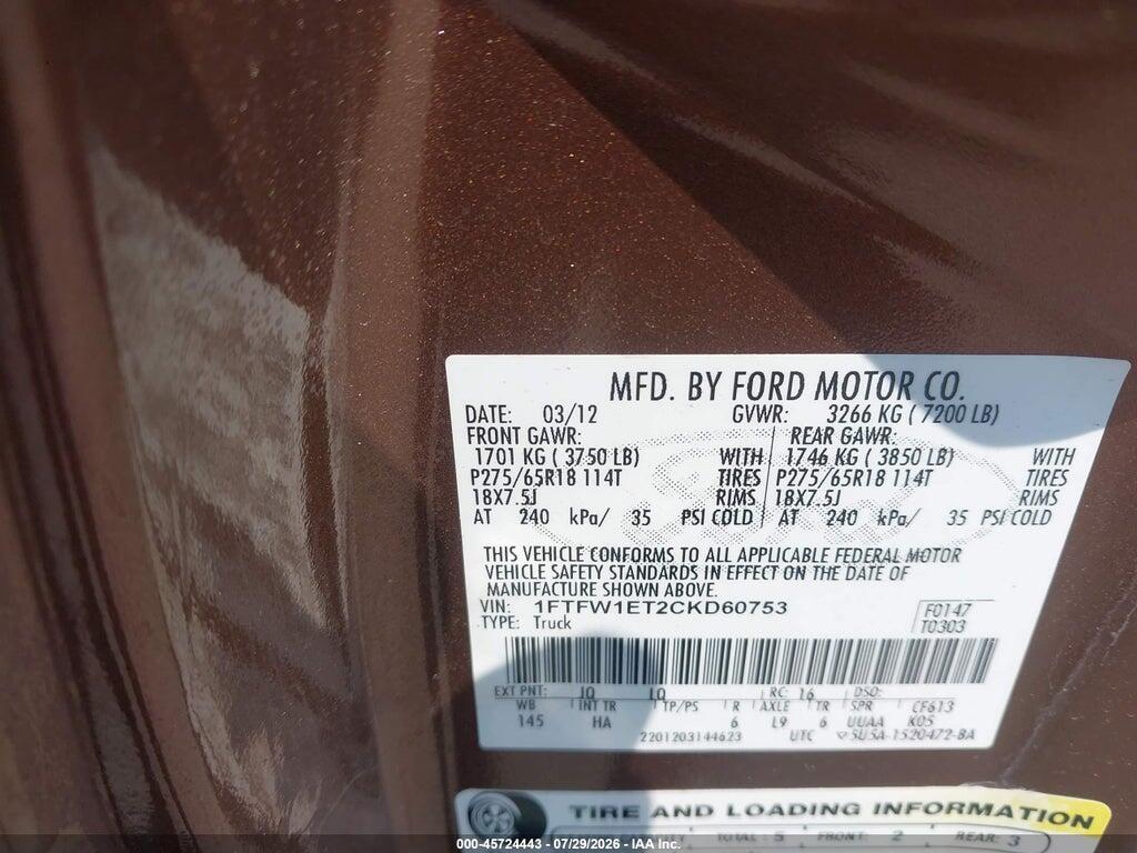 1FTFW1ET2CKD60753 2012 FORD F-150 photo no. 9
