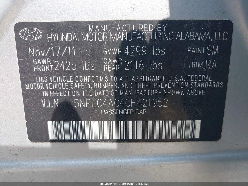 5NPEC4AC4CH421952 2012 HYUNDAI SONATA photo no. 9