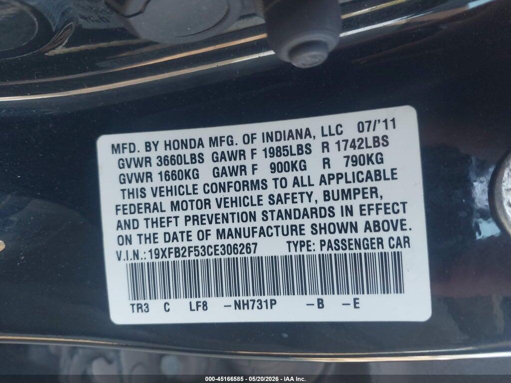 19XFB2F53CE306267 2012 HONDA CIVIC photo no. 9