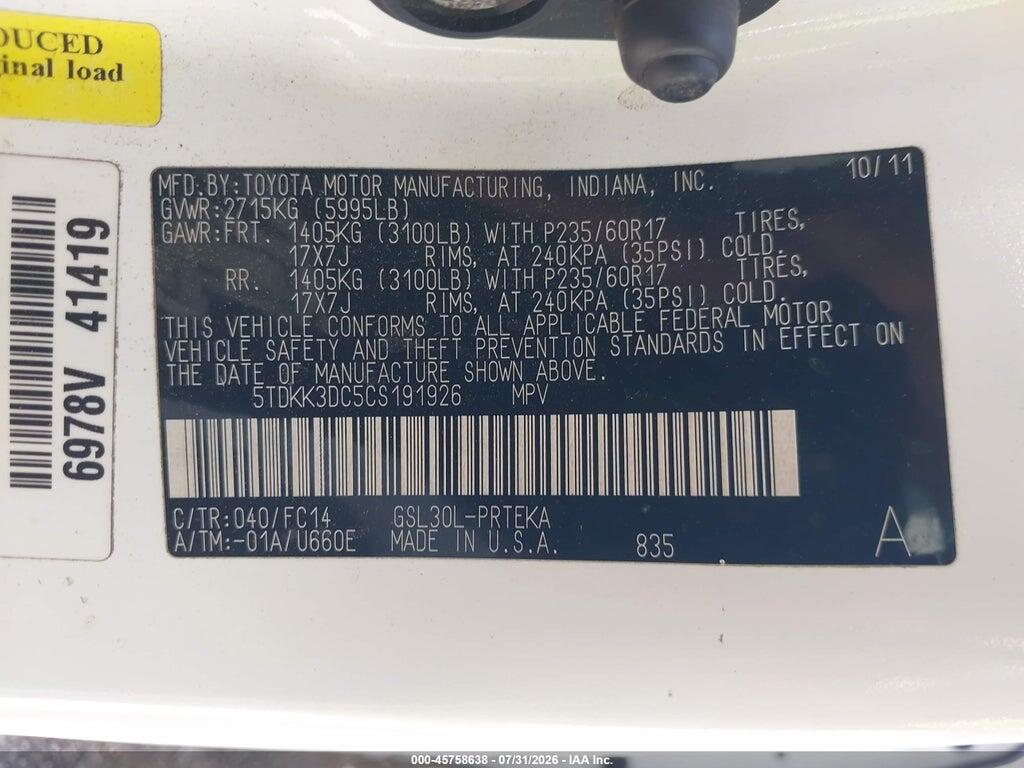 5TDKK3DC5CS191926 2012 TOYOTA SIENNA photo no. 9
