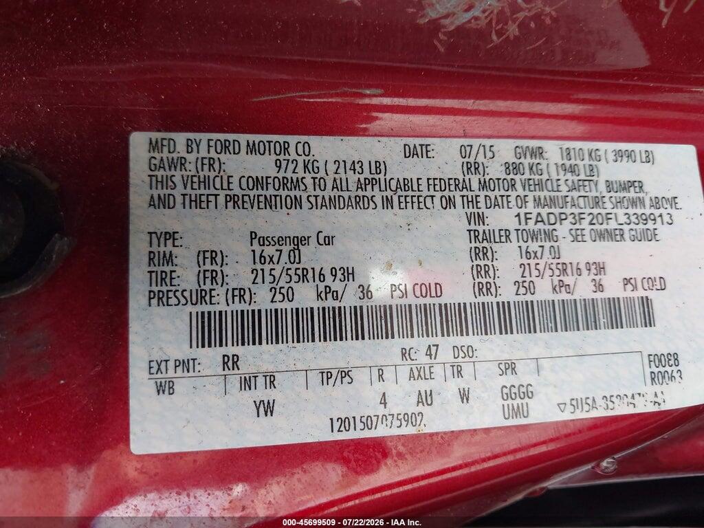 1FADP3F20FL339913 2015 FORD FOCUS photo no. 9
