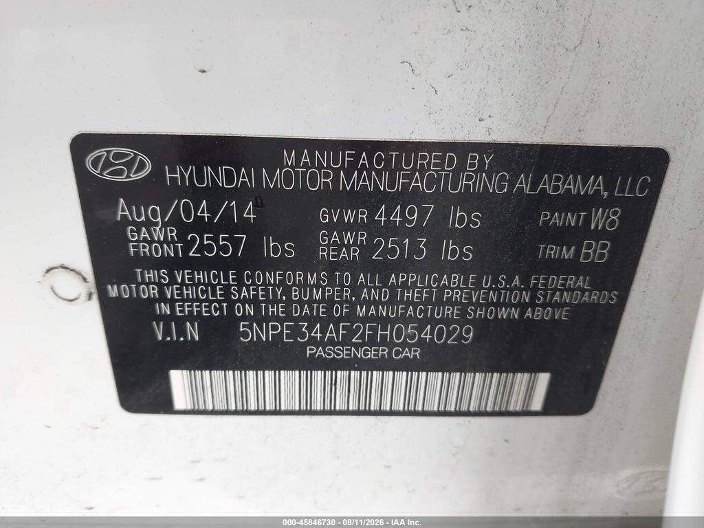 5NPE34AF2FH054029 2015 HYUNDAI SONATA photo no. 9