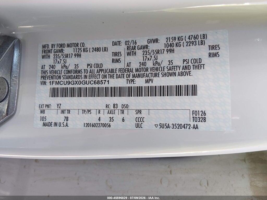 1FMCU9GX0GUC68571 2016 FORD ESCAPE photo no. 9