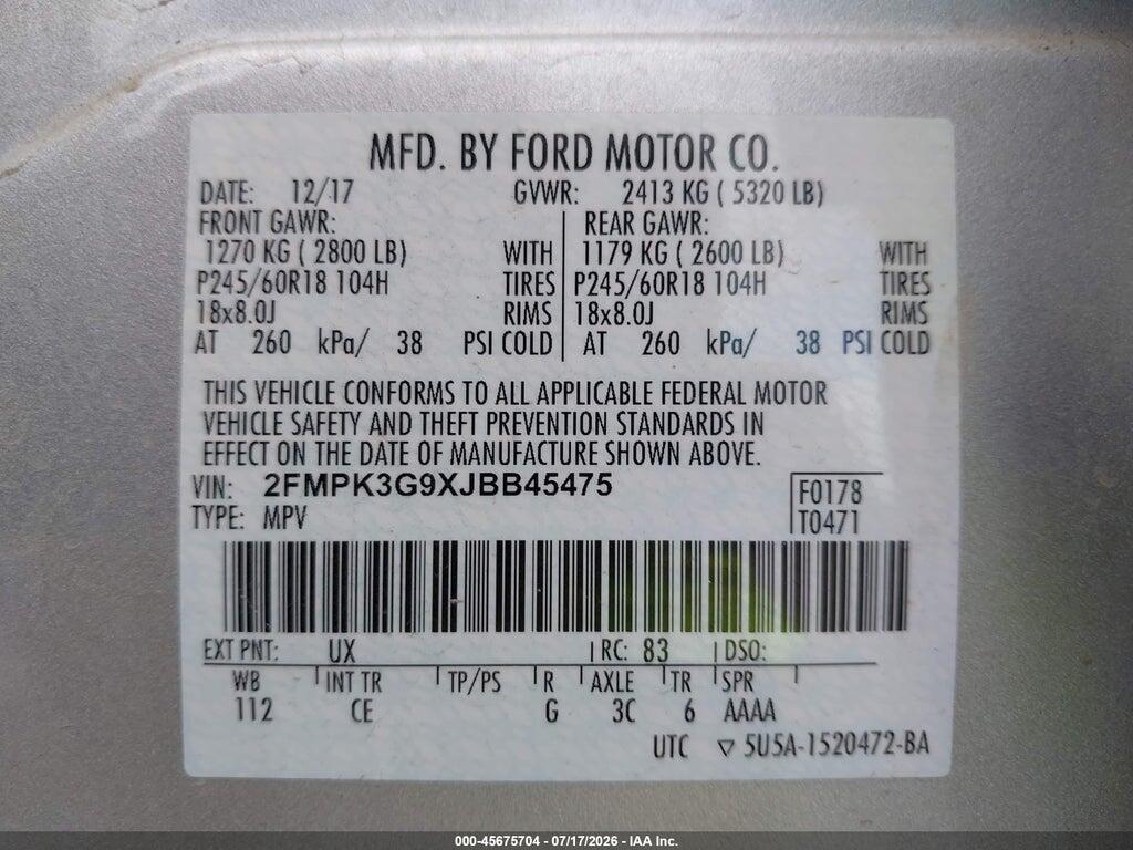 2FMPK3G9XJBB45475 2018 FORD EDGE photo no. 9