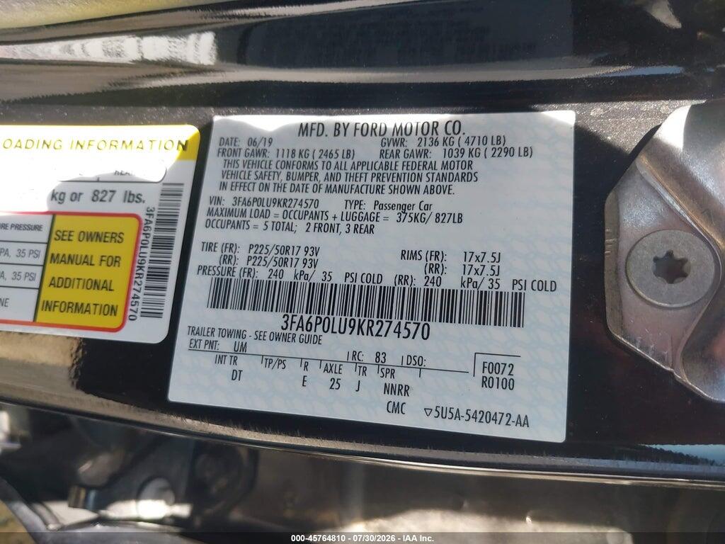 3FA6P0LU9KR274570 2019 FORD FUSION HYBRID photo no. 9