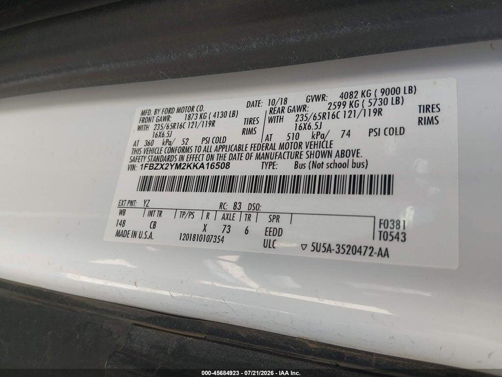 1FBZX2YM2KKA16508 2019 FORD TRANSIT-350 photo no. 9