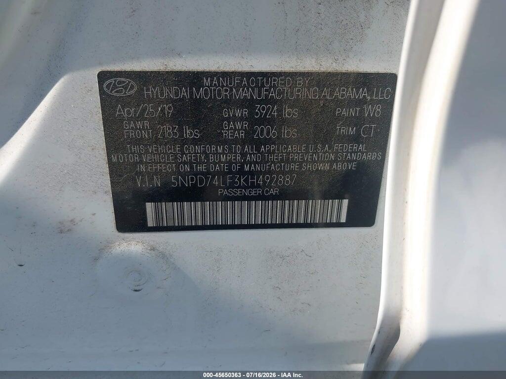 5NPD74LF3KH492887 2019 HYUNDAI ELANTRA photo no. 9