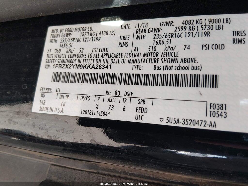 1FBZX2YM9KKA26341 2019 FORD TRANSIT-350 photo no. 9