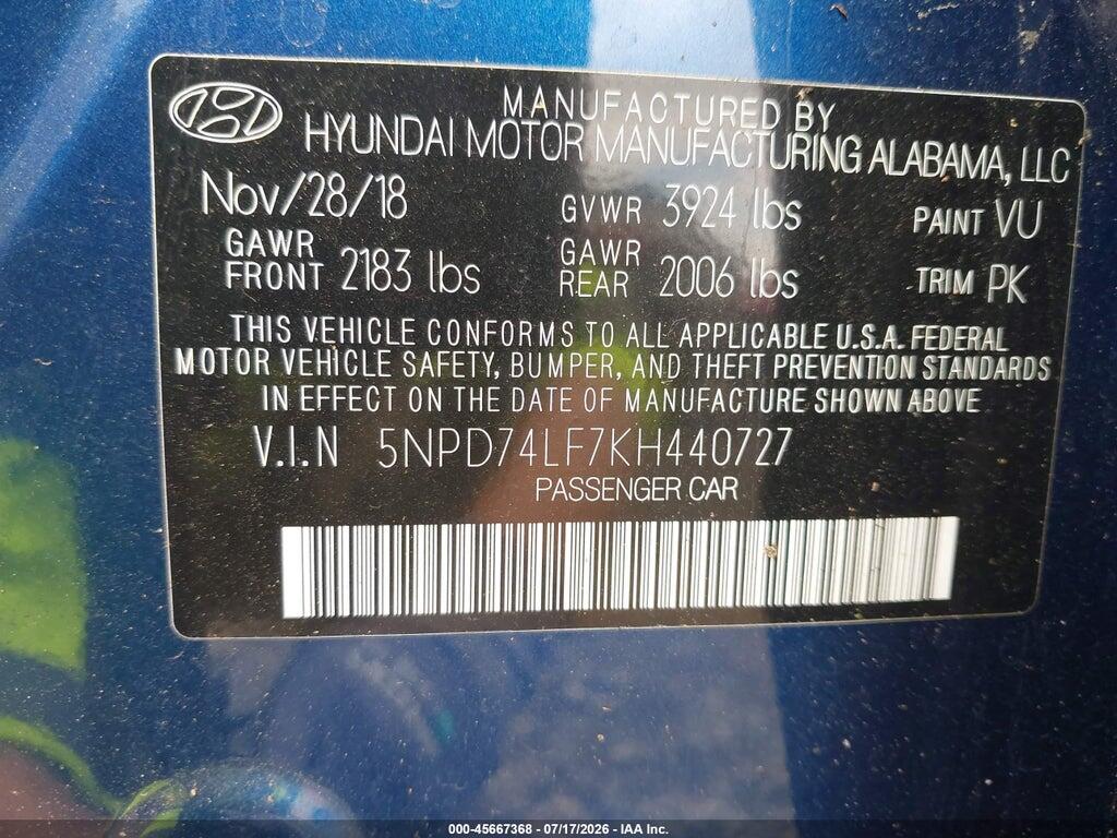 5NPD74LF7KH440727 2019 HYUNDAI ELANTRA photo no. 9