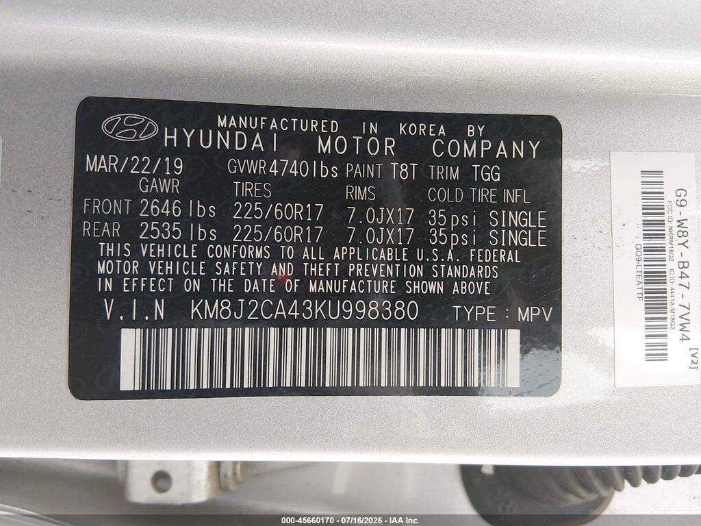 KM8J2CA43KU998380 2019 HYUNDAI TUCSON photo no. 9