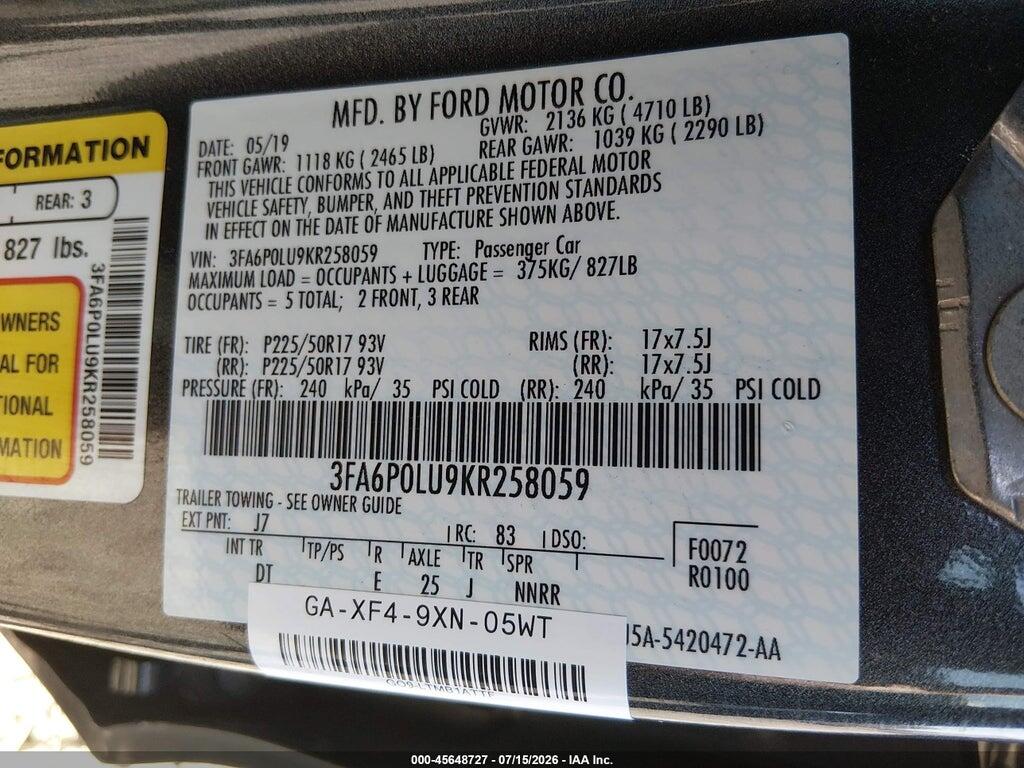 3FA6P0LU9KR258059 2019 FORD FUSION HYBRID photo no. 9