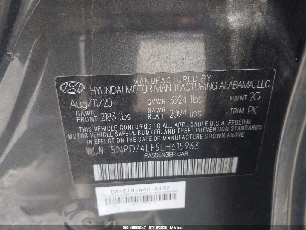 5NPD74LF5LH615963 2020 HYUNDAI ELANTRA photo no. 9