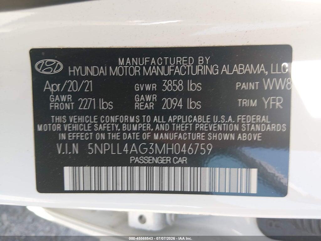 5NPLL4AG3MH046759 2021 HYUNDAI ELANTRA photo no. 9