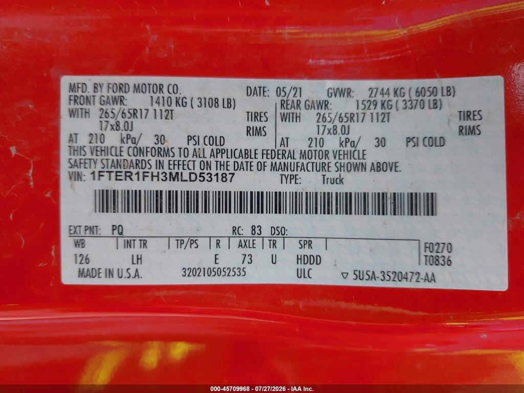 1FTER1FH3MLD53187 2021 FORD RANGER photo no. 9