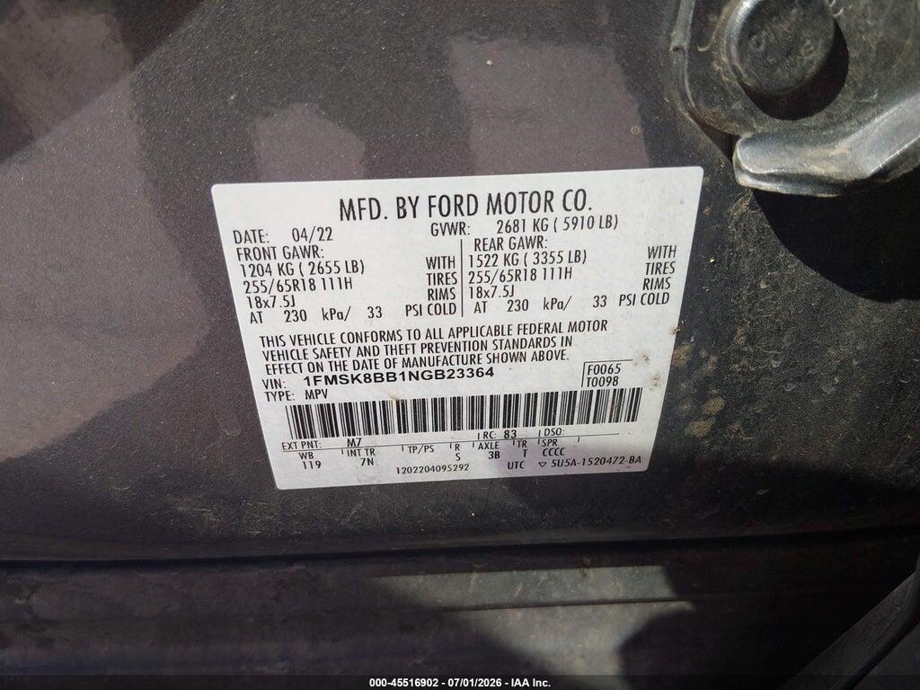 1FMSK8BB1NGB23364 2022 FORD EXPLORER photo no. 9