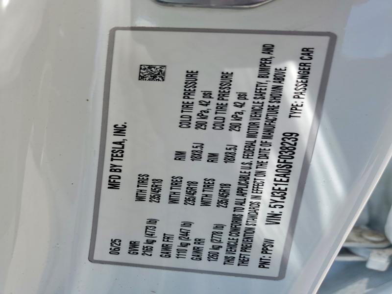 5YJ3E1EA0SF038239 2025 TESLA MODEL 3 photo no. 12