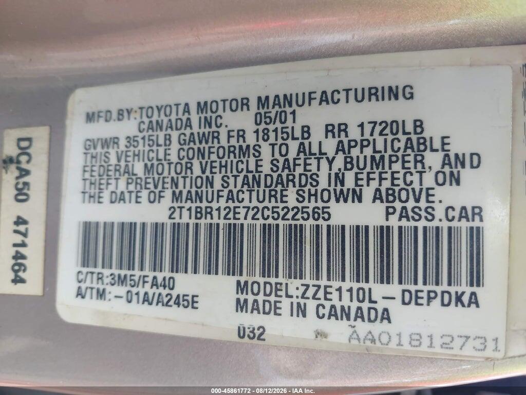 2T1BR12E72C522565 2002 TOYOTA COROLLA photo no. 9
