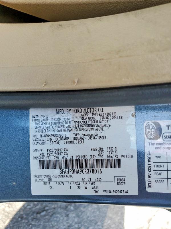3FAHP0HA9CR378016 2012 FORD FUSION photo no. 12