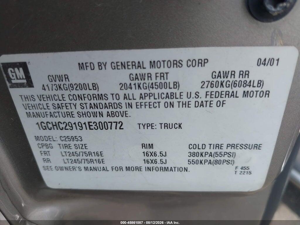 1GCHC29191E300772 2001 CHEVROLET SILVERADO 2500HD photo no. 9