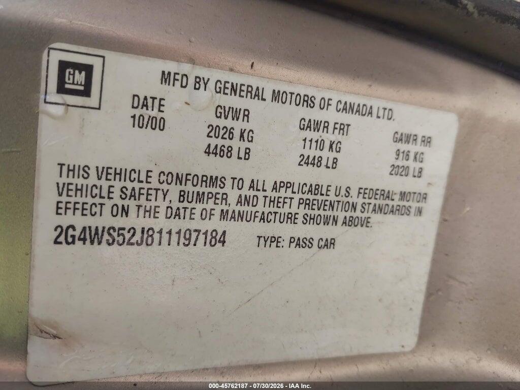 2G4WS52J811197184 2001 BUICK CENTURY photo no. 9