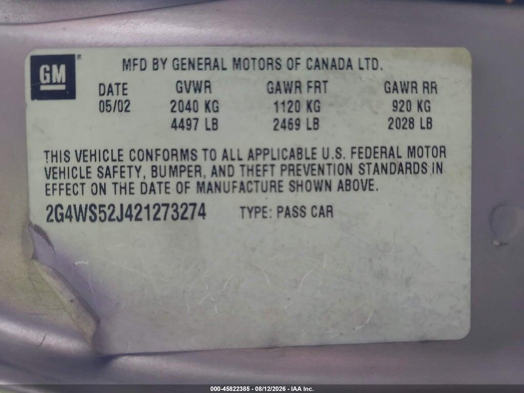 2G4WS52J421273274 2002 BUICK CENTURY photo no. 9