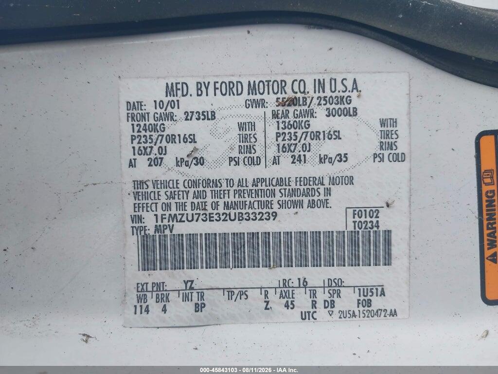 1FMZU73E32UB33239 2002 FORD EXPLORER photo no. 9