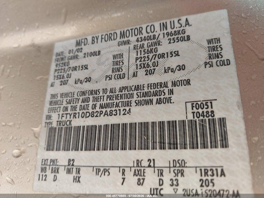 1FTYR10D82PA83124 2002 FORD RANGER photo no. 9