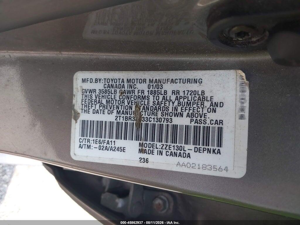 2T1BR32E33C130793 2003 TOYOTA COROLLA photo no. 9