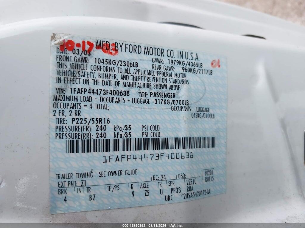 1FAFP44473F400638 2003 FORD MUSTANG photo no. 9