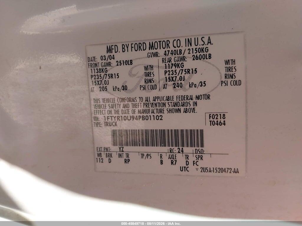 1FTYR10U94PB01102 2004 FORD RANGER photo no. 9