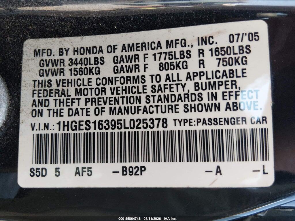 1HGES16395L025378 2005 HONDA CIVIC photo no. 9