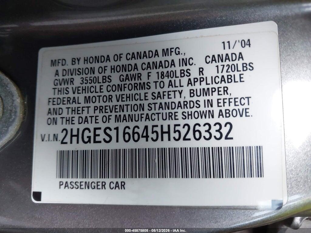 2HGES16645H526332 2005 HONDA CIVIC photo no. 9