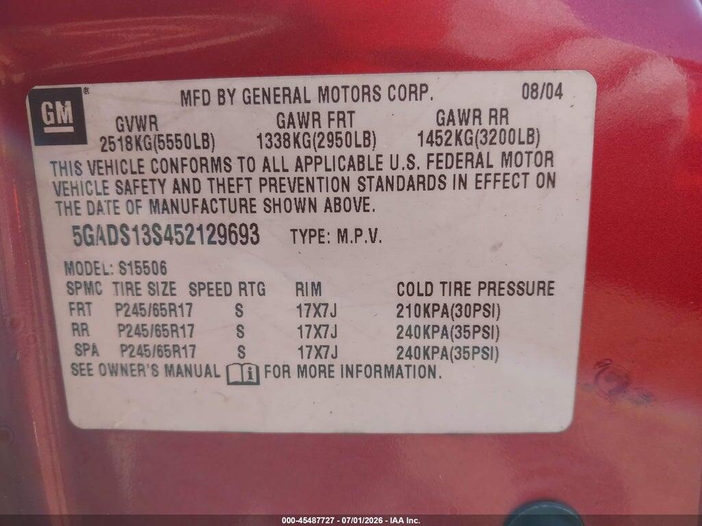 5GADS13S452129693 2005 BUICK RAINIER photo no. 9