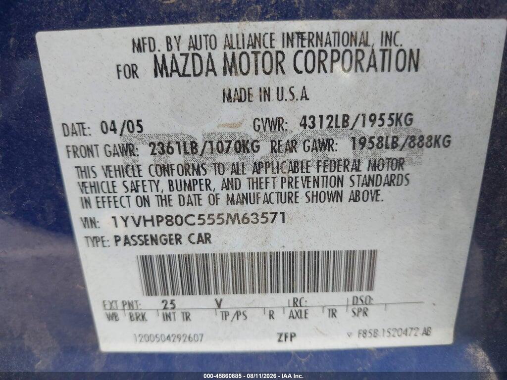 1YVHP80C555M63571 2005 MAZDA MAZDA6 photo no. 9