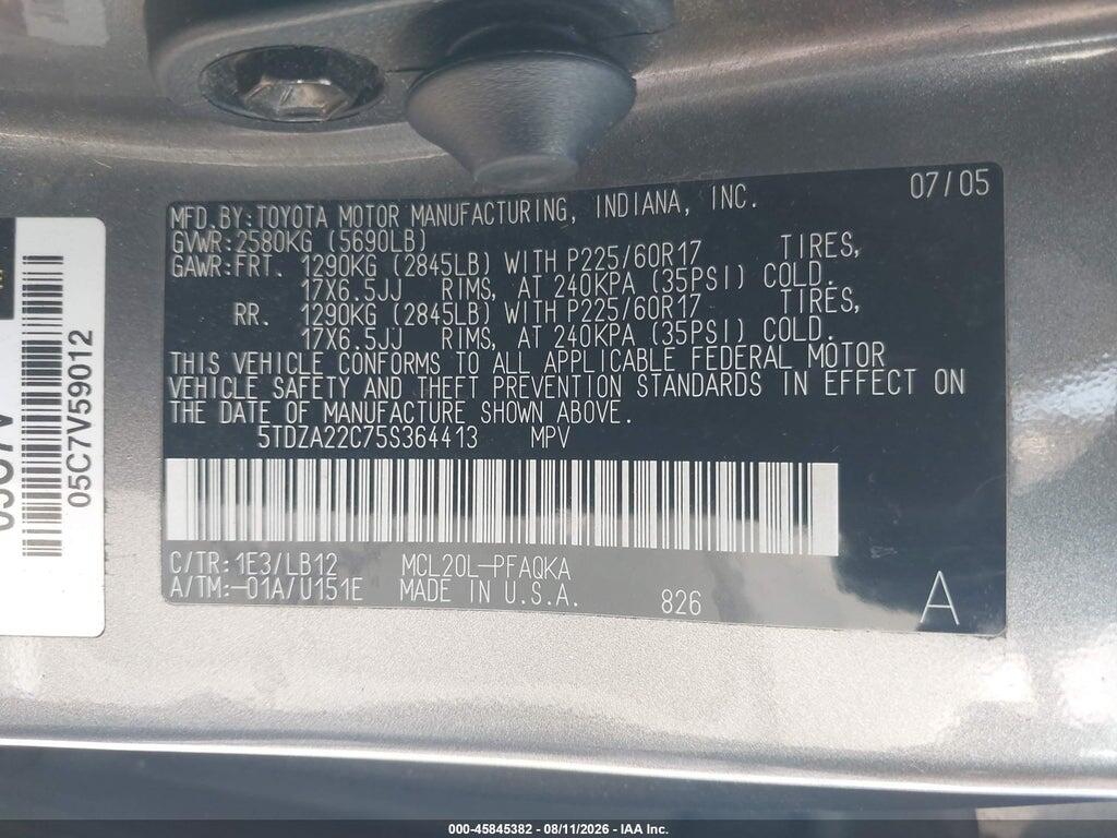 5TDZA22C75S364413 2005 TOYOTA SIENNA photo no. 9
