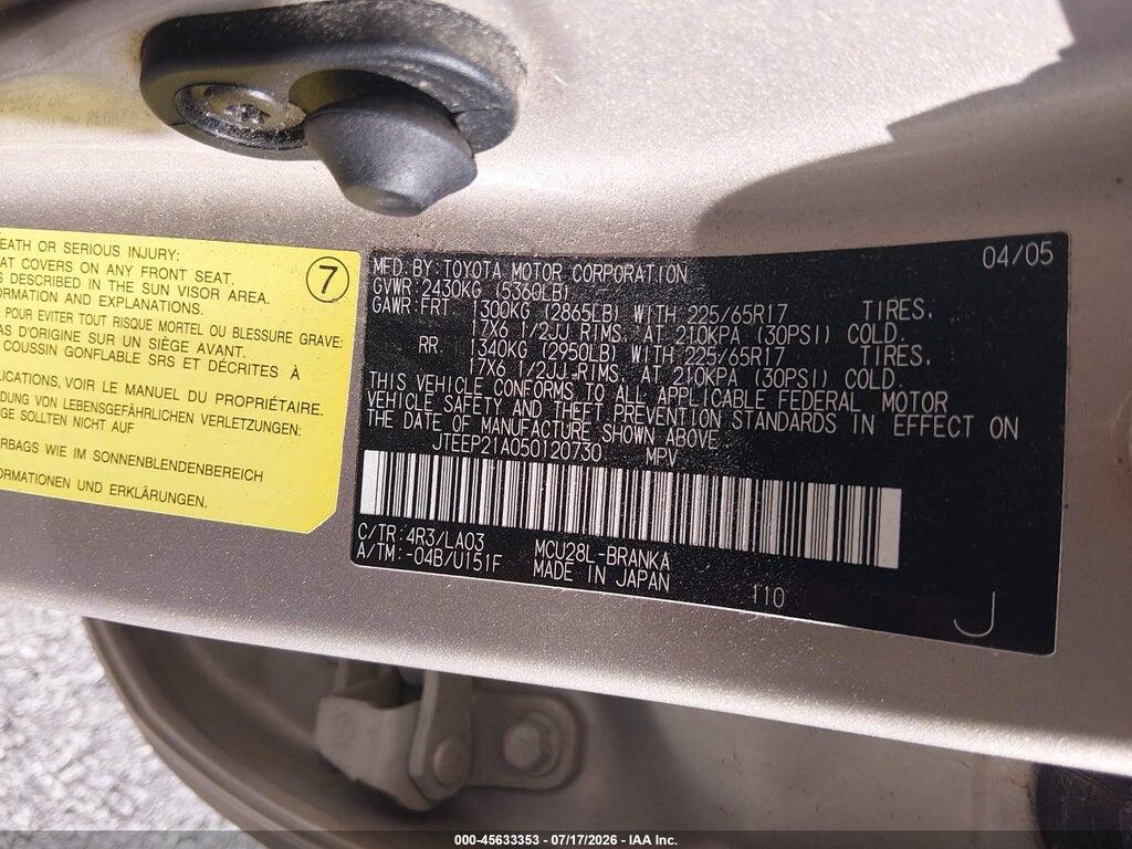 JTEEP21A050120730 2005 TOYOTA HIGHLANDER photo no. 9