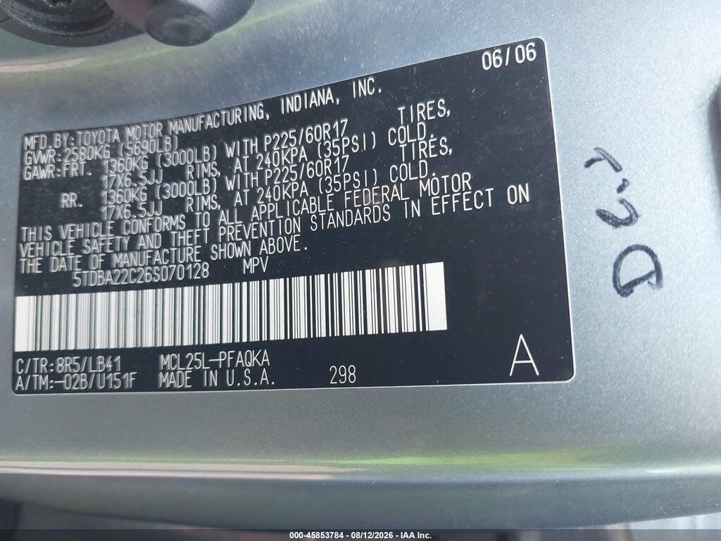 5TDBA22C26S070128 2006 TOYOTA SIENNA photo no. 9