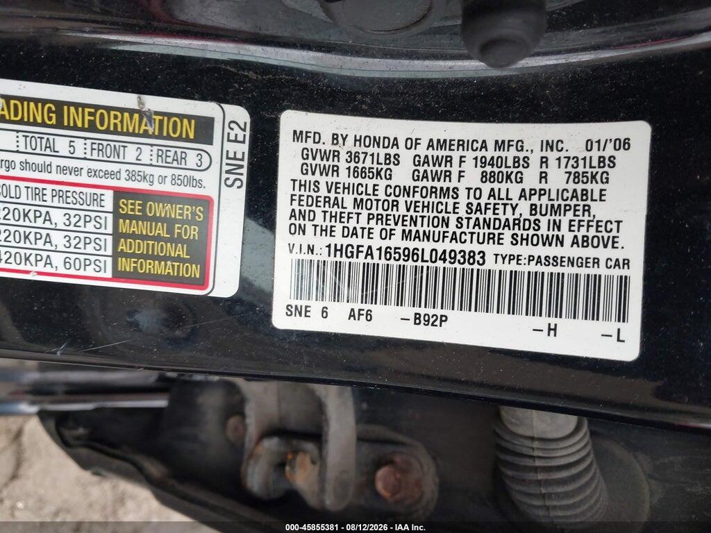 1HGFA16596L049383 2006 HONDA CIVIC photo no. 9