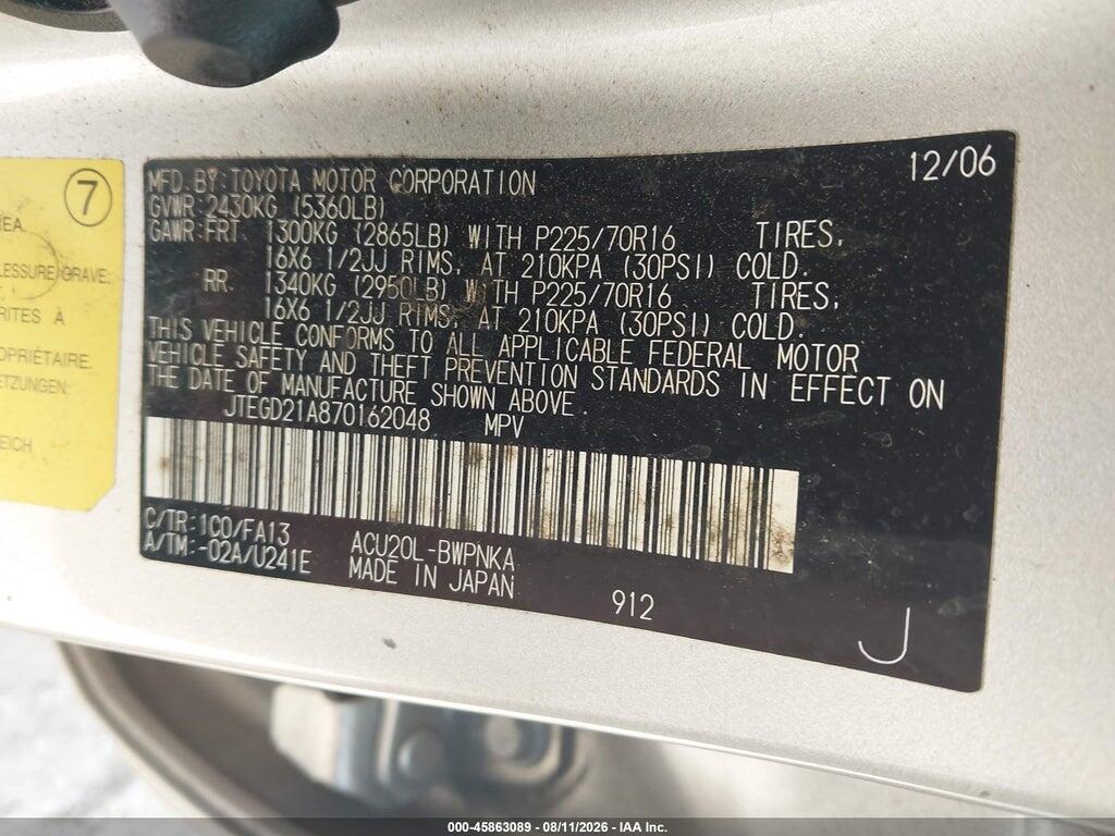 JTEGD21A870162048 2007 TOYOTA HIGHLANDER photo no. 9