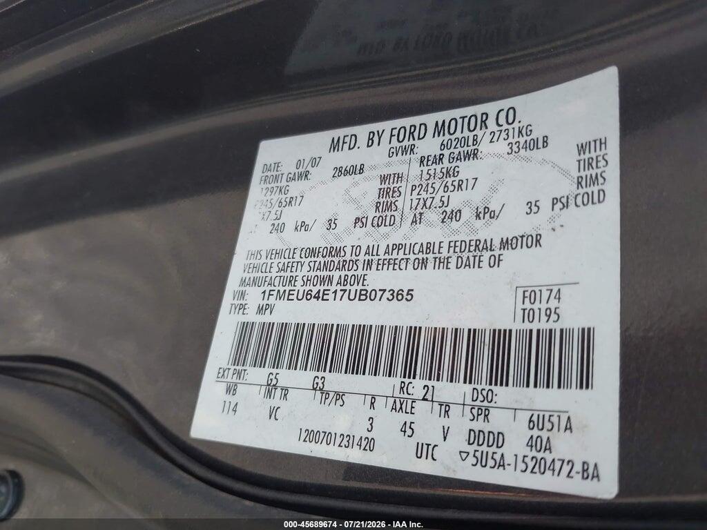 1FMEU64E17UB07365 2007 FORD EXPLORER photo no. 9