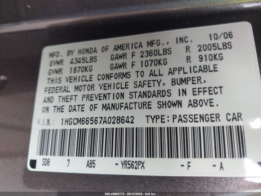 1HGCM66567A028642 2007 HONDA ACCORD photo no. 9