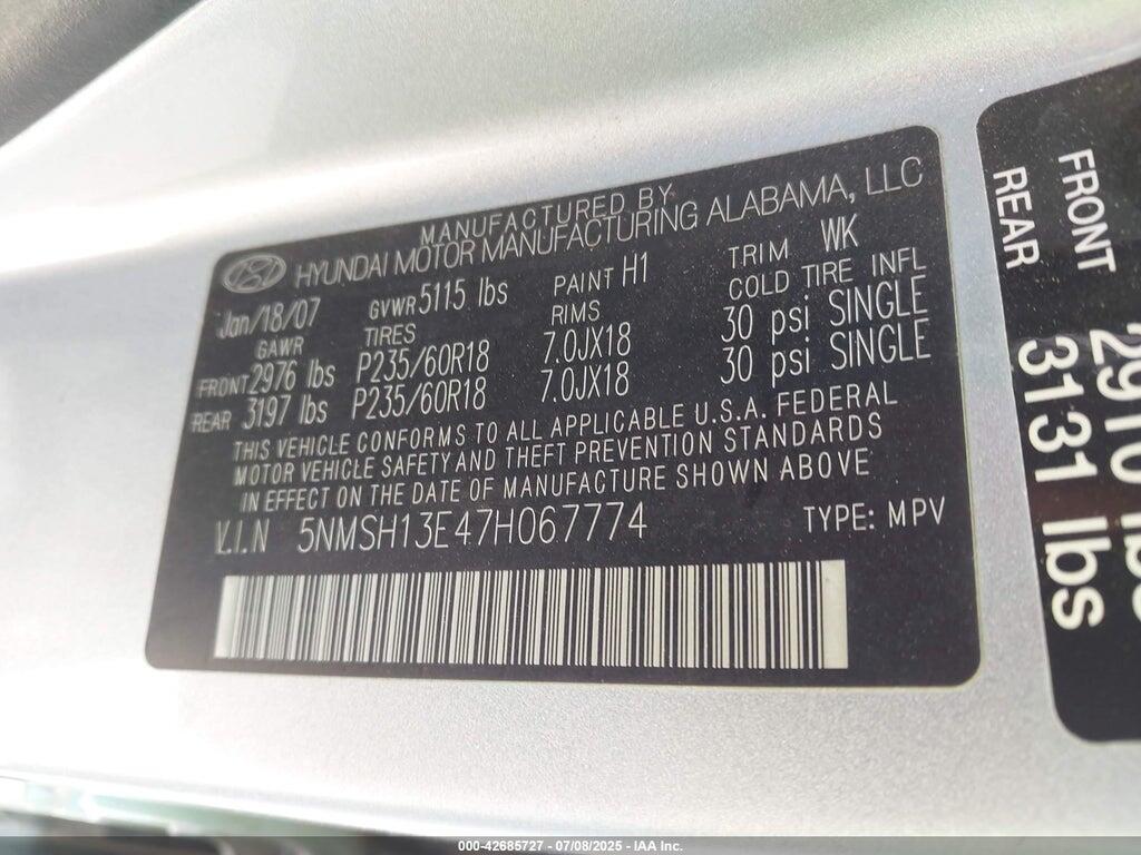 5NMSH13E47H067774 2007 HYUNDAI SANTA FE photo no. 9