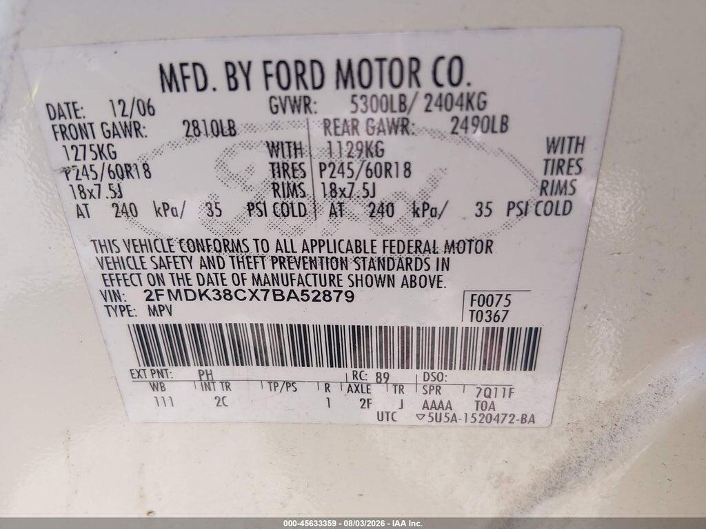 2FMDK38CX7BA52879 2007 FORD EDGE photo no. 9