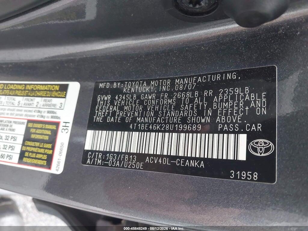 4T1BE46K28U199689 2008 TOYOTA CAMRY photo no. 9