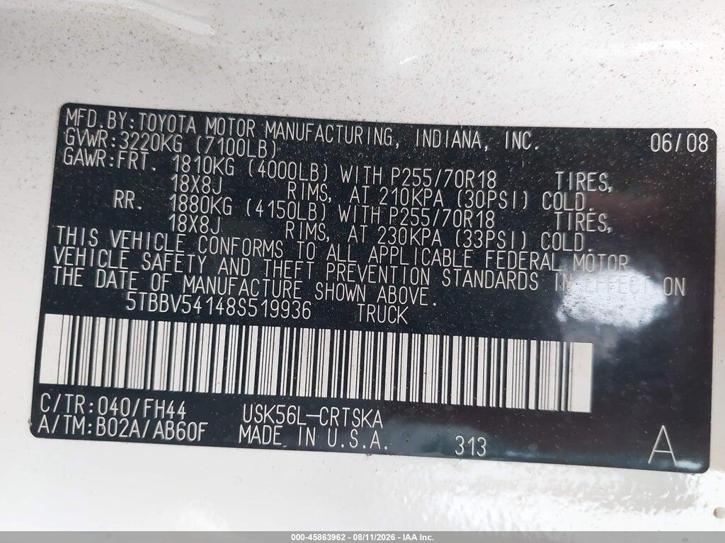 5TBBV54148S519936 2008 TOYOTA TUNDRA photo no. 9