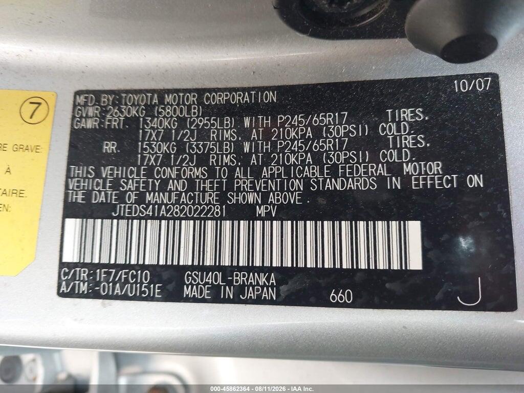 JTEDS41A282022281 2008 TOYOTA HIGHLANDER photo no. 9