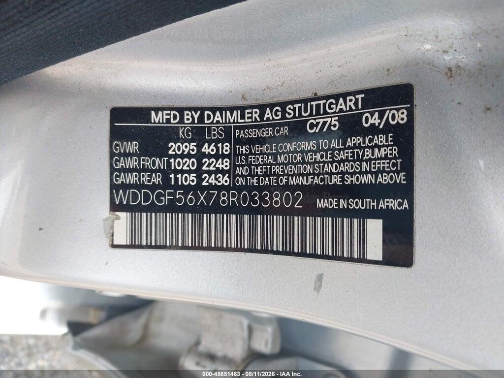 WDDGF56X78R033802 2008 MERCEDES-BENZ C 350 photo no. 9