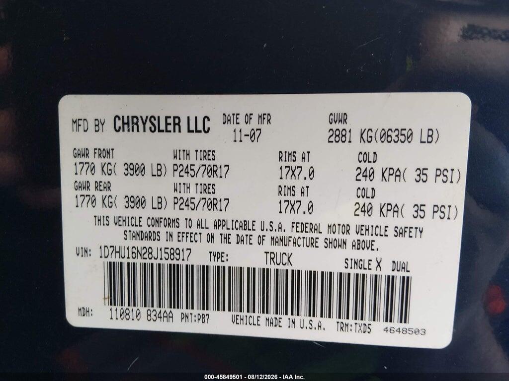 1D7HU16N28J158917 2008 DODGE RAM 1500 photo no. 9